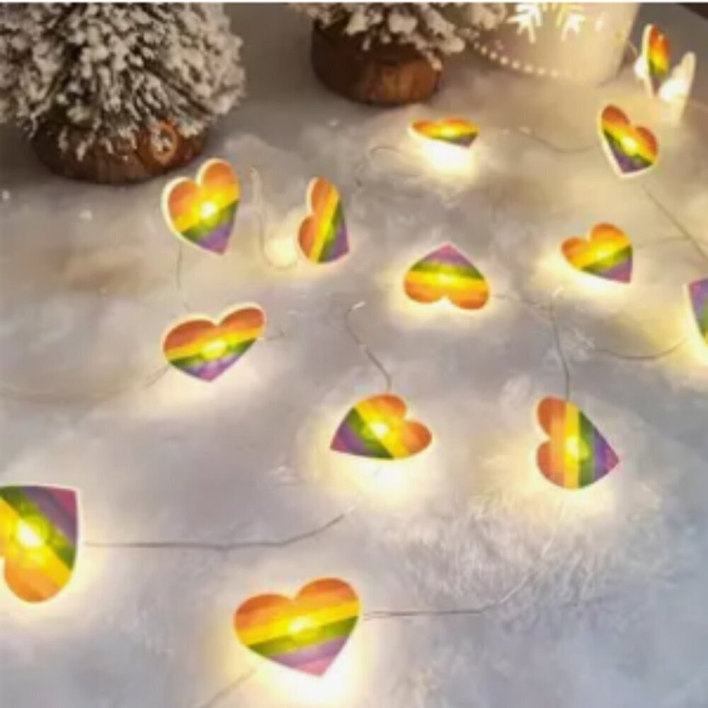 Pride Rainbow Heart LED String Lights Battery Operated 40 inches 10 lights NWT